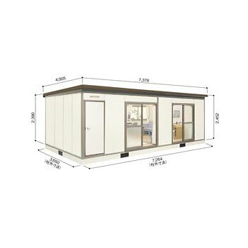 商品番号62149201メーカーヨドコウサイズ幅 7264.0mm × 奥行き 3650.0mm × 高さ 2452.0mmカラーダークブラウン通常納期(宅配)14日後以降発送（要問合せ）通常納期(工事)14日後以降発送（要問合せ）素材スチール重量（kg）1495対応タイププレハブ配送区分3※商品により配送可能エリアが異なります。配送エリア表をご覧ください。工事対応この商品は工事を承っておりません。1．冷暖房の効率をアップする高断熱構造の外壁。2．細部にこだわった本格仕上げの軒。3．お手入れ簡単の樹脂コーティング内壁。4．屋根に断熱材付きヨドルーフを仕様。5．ソフトな感触の床。
