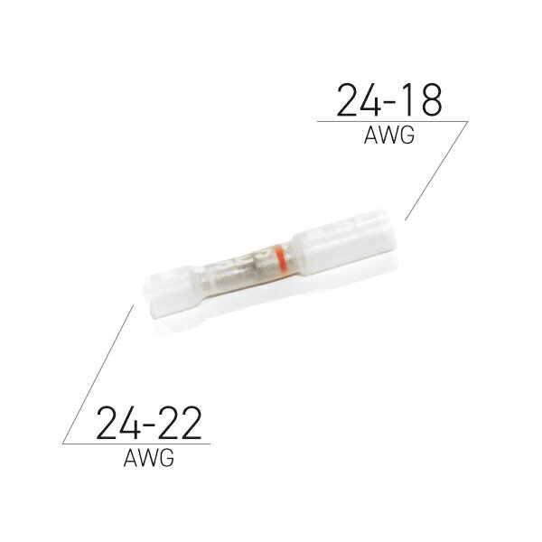 異なる太さの電線を繋ぐための異径コネクターです。 配線の圧着後に、ヒートガンなどでコネクターの被覆部分を加熱することで、チューブと配線が接着され、高い防水・防塵効果が得られます。 【ご注意】 ※圧着加工前に使用する電線が適合範囲のものであることをご確認ください。 ※配線の固定には、必ず端子圧着専用の工具をご使用ください。 ※直接、炎をあてたりすると焦げや収縮むらが生じることがあります。 ※溶着剤はシリコン・テフロン・フッ素系の素材には接着しません。 ※ヤケドにご注意ください。 ◆全長:43mm ◆適合電線サイズ: ・カラーコード 白 24-22AWG(0.2-0.3Sq) ・カラーコード 赤 24-18AWG(0.2-0.75Sq) ◆カラー:クリア ◆販売単位:1個 ◆ヒートシュリンクステップダウンバットターミナル