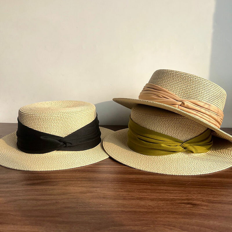 UVカット対応 平つばペーパーハット レディース夏用 上品なリボン付きデザインでエレガントな印象に 小顔効果も期待できる涼しげなカンカン帽風 日よけ対策にもぴったりなファッション帽子