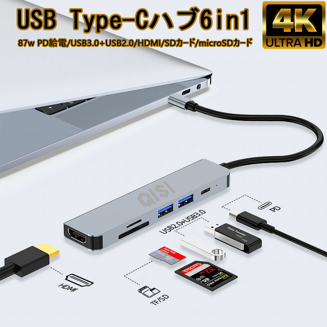 USB ハブ Type-C ハブ 6in1 60W PD給電 HDMI 