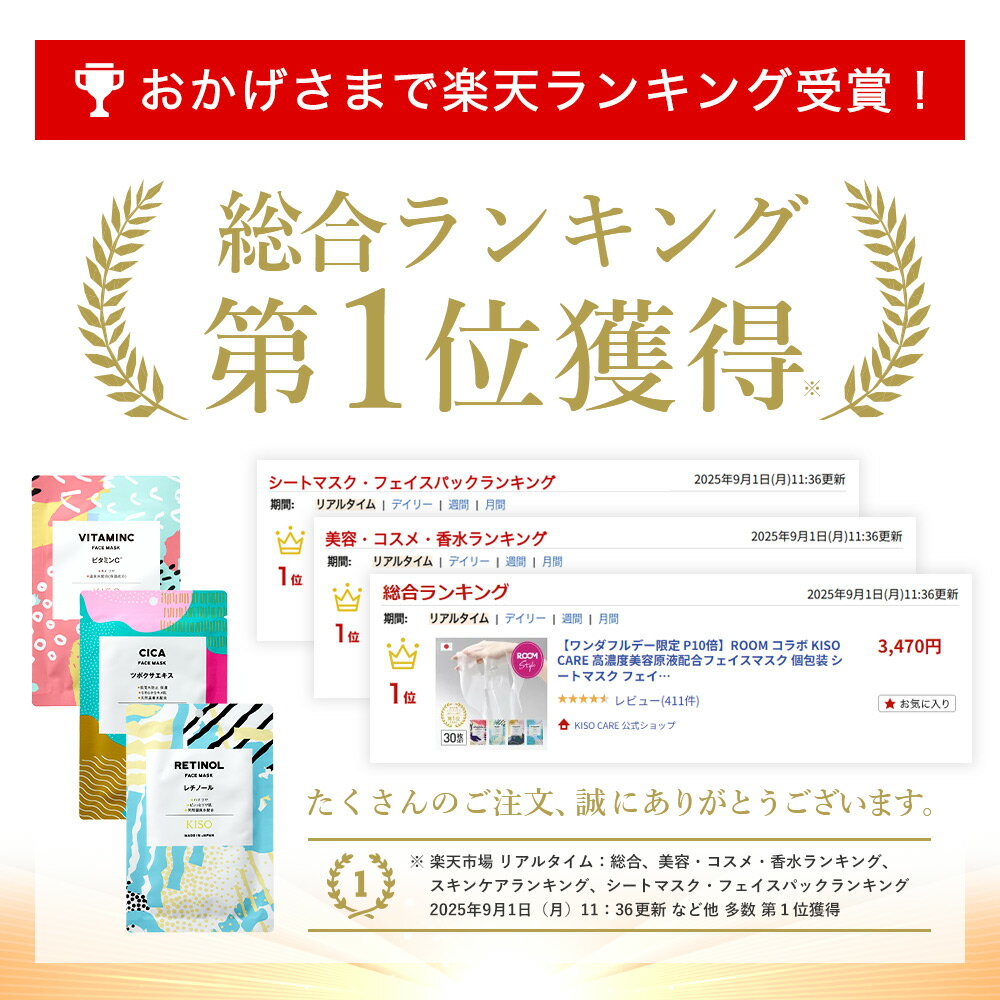【P20倍×クーポンで25%OFF】ROOM コラボ KISO CARE 高濃度美容原液配合フェイスマスク 個包装 シートマスク フェイスパック ハイドロキノン ヒト幹細胞 酸 ナイアシンアミド ビタミンC ティーツリー シカ CICA 福袋 送料無料