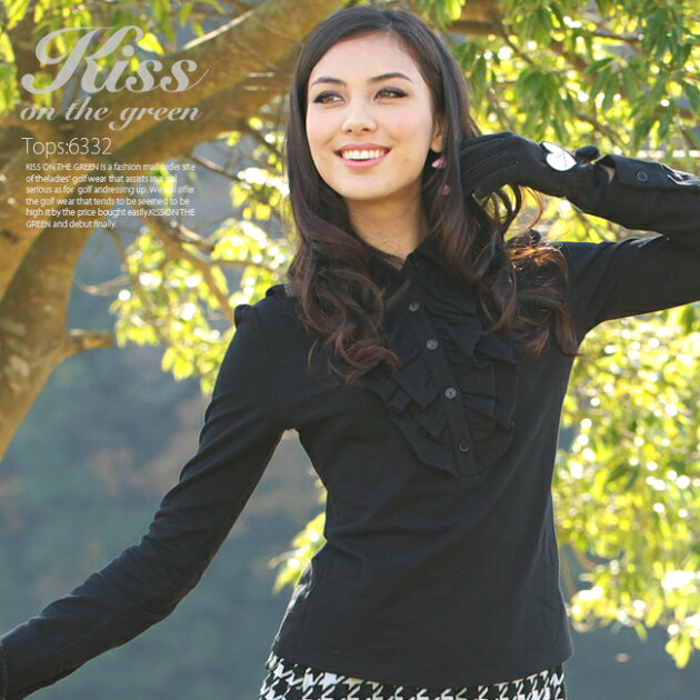 胸元フリルの長袖スウィートポロシャツ【着心地抜群★しっかり綿素材】