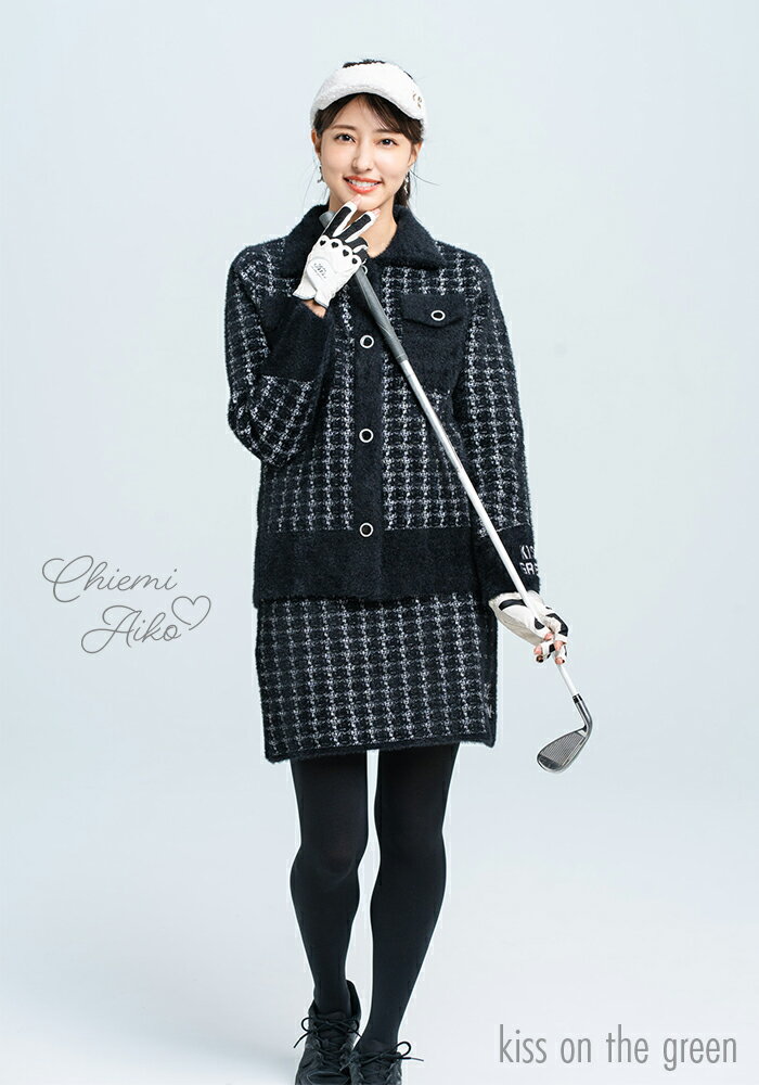 【秋冬セットアップアウトレットセール66%OFF!】ゴルフウェア レディース 千鳥格子柄ジャガードニットボタンジャケット＆スカート上下セット / スカートの着丈はひざ上約8cm インナーパンツ一体型 インナー付 おしゃれ golf ワンピース セットアップ コーデ 上下セット