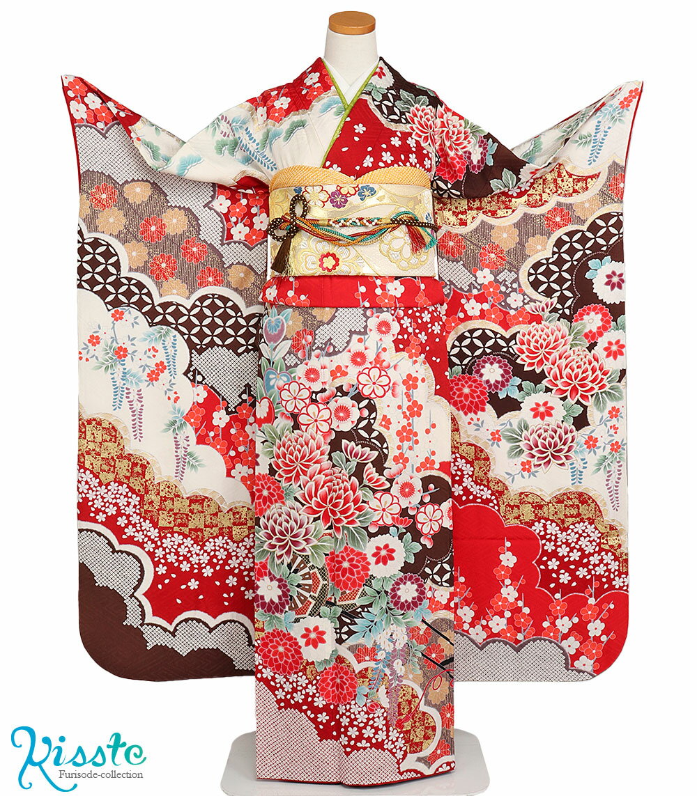 【レンタル】 振袖 フルセット 振袖レンタル < 雲取り文様 菊 / 赤 > 往復送料無料 成人式 結婚式 披露宴 結納 女性 振り袖 振袖セット 安い コスプレ レトロ プレタ クリーム 古典 正絹 着物
