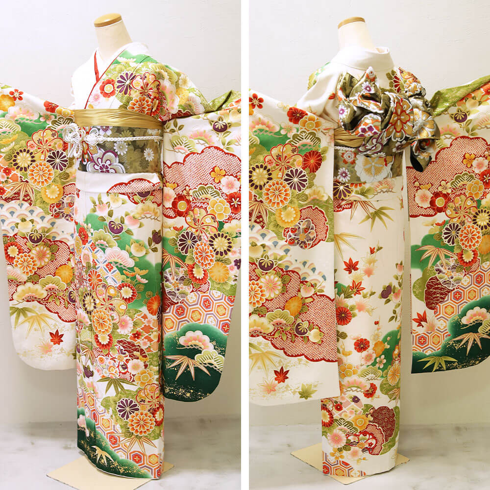 【レンタル】 振袖 レンタル フルセット 成人式 結婚式 披露宴 結納 女性 振り袖 振袖セット 振袖レンタル 安い コスプレ レトロ プレタ シンプル 正絹 ＜ 白緑 / 菊松竹梅 ＞ 往復送料無料