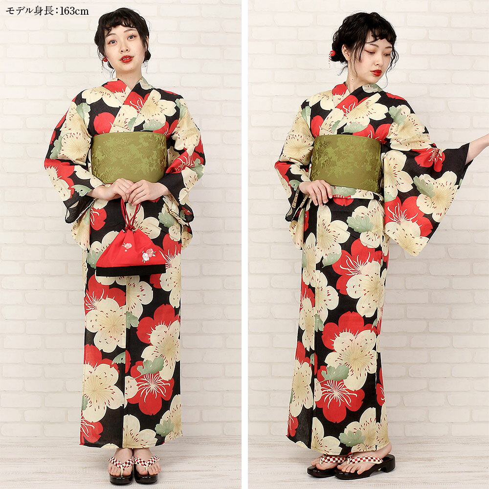 【2020年】浴衣 レンタル 3泊4日 フルセット ＜ 九重 / 桜柄 / ベージュ ＞ 往復送料無料 イベント コスプレ 祭り ライブ 花火 デート おしゃれ かわいい インスタ ここのえ 綿 ポリエステル 赤 黒 和モダン ガーリー【レンタル】