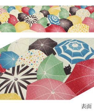 半幅帯 帯 正絹 WA・KKA < 黄緑 / 雨に唄えば >【 帯 着物 半巾帯 レディース 両面 リバーシブル 小袋帯 結び方 おしゃれ半幅帯 細帯 長尺 小紋 紬 街着 カジュアル ネコ ねこ 猫 傘 カサ 花 唐花 アイボリー wakka わっか 】
