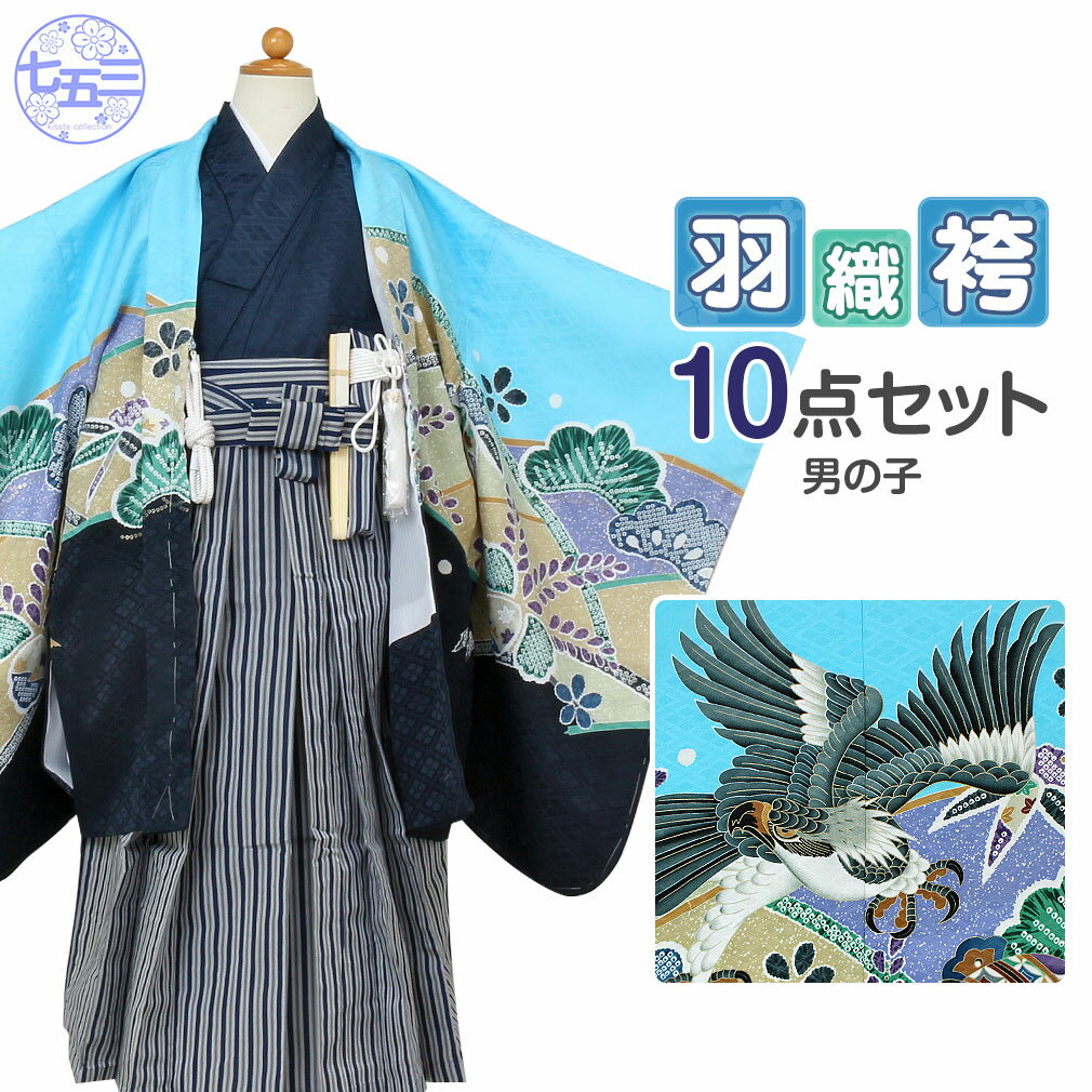 ≪◆ポイント3倍◆≫ 七五三 着物 袴 セット 10点 男の子 5歳 五歳 水色 紺色 鷹 縞 衣装 服装 子供 レトロ 販売
