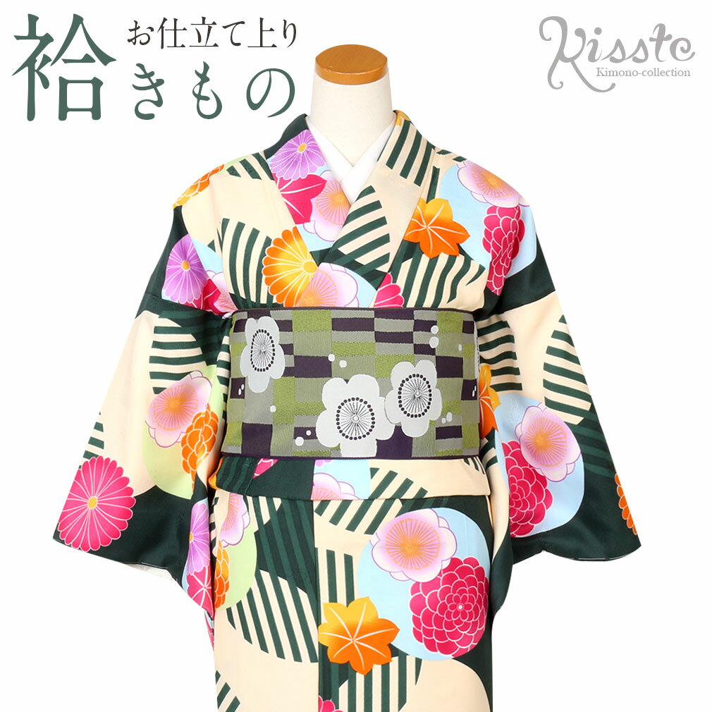 ≪お正月！ポイント3倍≫《値下げ！》 着物 小紋 袷 洗える サークルに菊 梅 紅葉 M Lサイズ ポリエステル 緑 着物 プレタ 街着 小紋 和服 レディース カジュアル 普段 お洒落 洗える モダン レトロ 古典 粋 個性 お洒落着 きもの