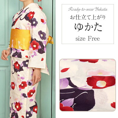 浴衣 単品 女性用 白×水色 椿 菊綿麻混浴衣浴衣 ゆかた レトロ かわいい キュート ...