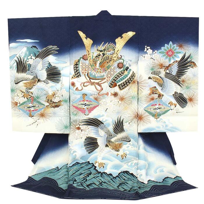 お宮参り 着物 男の子 絹100% 正絹初着 掛け着 産着 紺 兜に鷹 荒波 友禅 刺繍 金彩 新品 販売 購入 きもの 祝い着 のしめ 初着 祝着 一つ身 服装 赤ちゃん ベビー