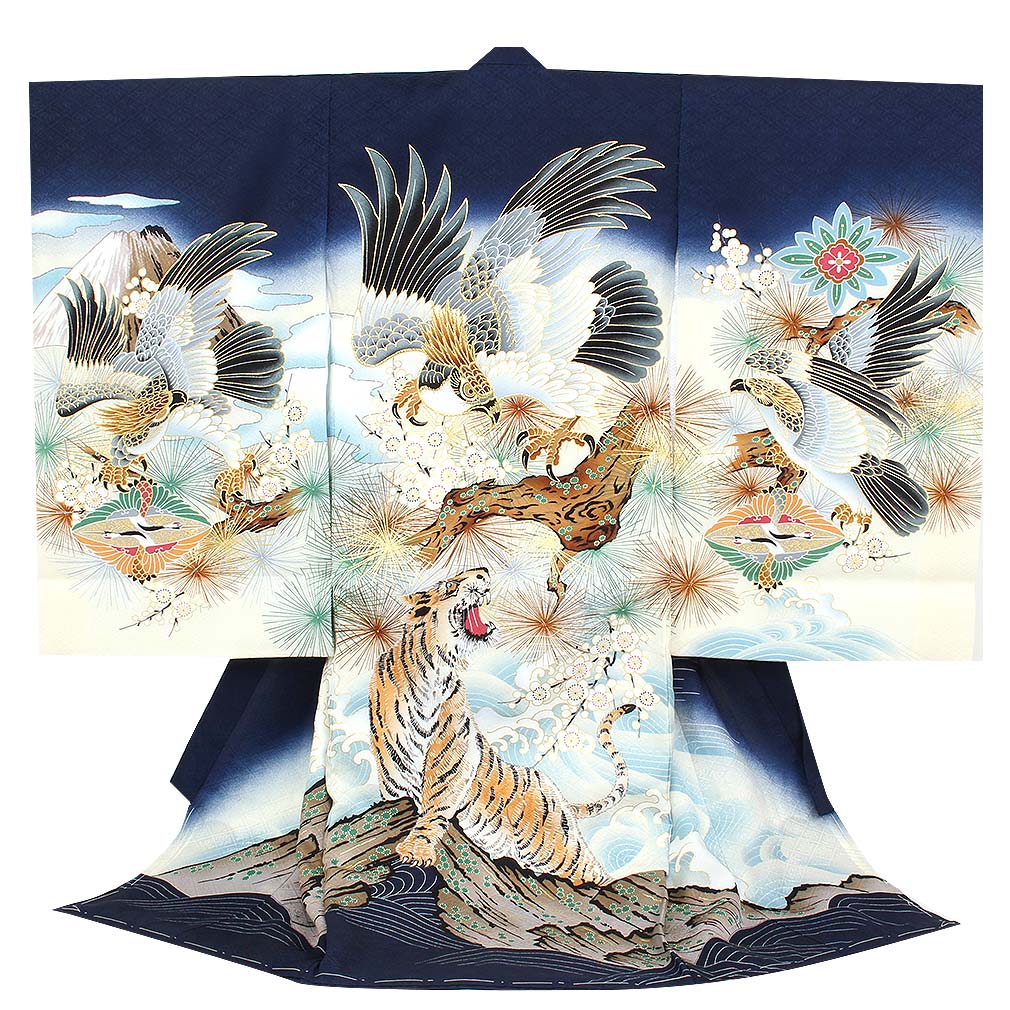 お宮参り 着物 男の子 絹100% 正絹初着 掛け着 産着 紺 鷹に虎 友禅 刺繍 金彩 新品 販売 購入 きもの 祝い着 のしめ 初着 祝着 一つ身 服装 赤ちゃん ベビー