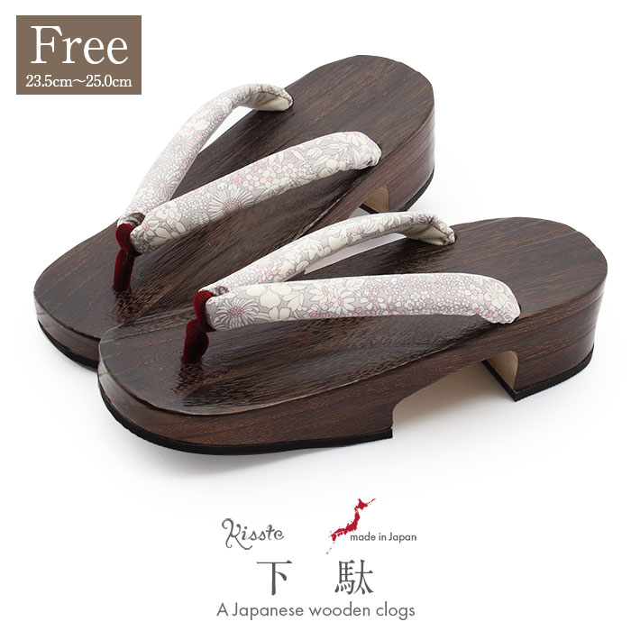 【クーポンご利用で最大10％OFF!】下駄 レディース 浴衣用 ゆかた用 フリーサイズ Lサイズ 木目 焦げ茶 濃ブラウン 薄グレー系花緒 リバティ 小花 日本製 痛くない 歩きやすい 鼻緒太め 幅広 右近下駄 桐下駄 焼き桐 大人可愛い かわいい