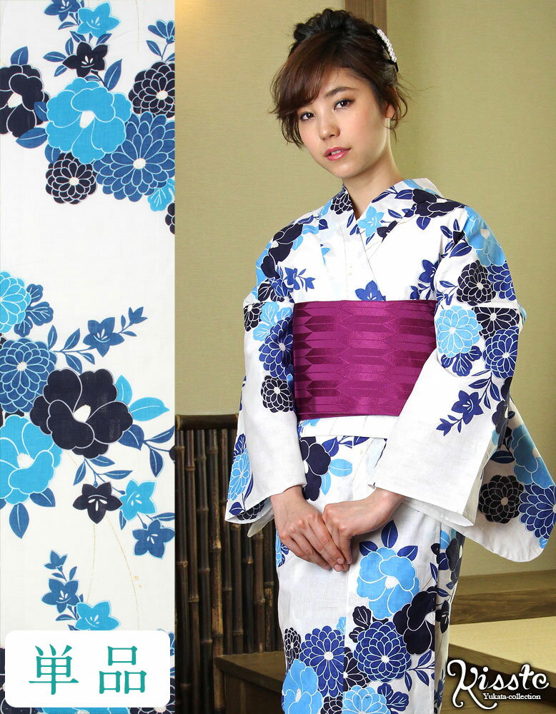 浴衣 単品 女性用 ＜白×水色／椿・菊＞ 綿麻混浴衣 【 浴衣 ゆかた レトロ かわいい キュート シック 大人 モダン 粋 古典 女性 レディース 夏 花火 祭り 涼しげ 20代 30代 Nostalgic Galleryのサムネイル