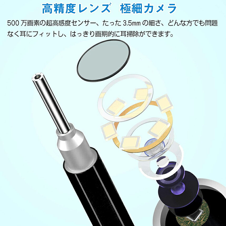 新版 無線WIFI電子耳鏡 耳かき カメラ ワイヤレス 500万画素 極細レンズ 3.5mm 耳掃除 スコープ IP67防水 6LEDライト付き 120日超長待機 プレゼント ギフト iPhone/Androidスマホ対応 日本語取扱説明書付き