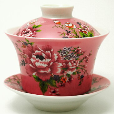 台湾　茶器 蓋碗 花布柄 ピンク (新太源製)【台湾　茶器　烏龍茶　お土産　かわいい　おしゃれ　きれい　花柄　高級感】