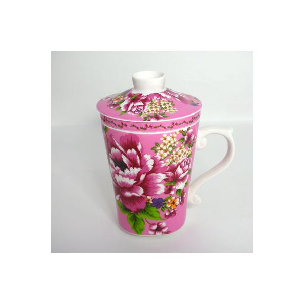 台湾　客家花布マグ（ピンク）　蓋・茶漉し付きのサムネイル