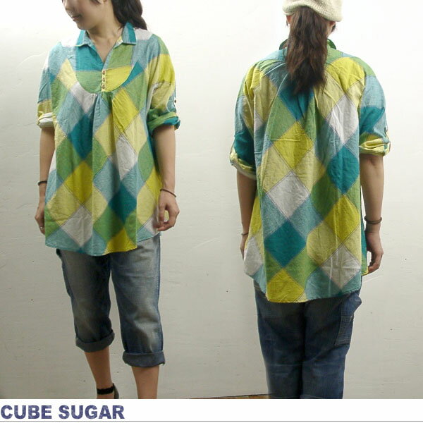 CUBE SUGAR キューブシュガー スラブガーゼブロックチェック ドルマン袖チュニック 13040413