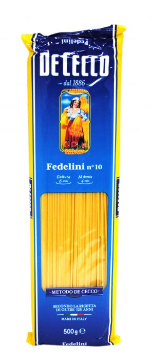 DE CECCO Fedelini No.10生産地:イタリア内容量:500g太さ:1.4mm 標準ゆで時間:6分 ※本商品は、輸入品のため、外装に多少の汚れや傷等がある場合がございます。 本理由による返品・交換はお受けできかねます。予めご了承ください。