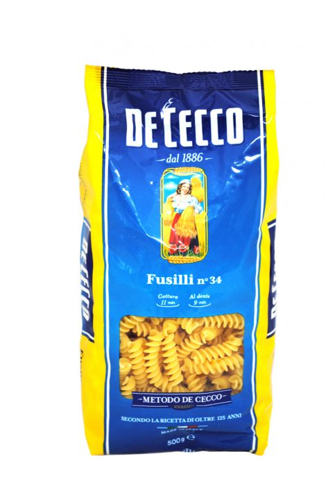 DE CECCO Fusilli No.34らせん状のショートパスタ。ソースがよく絡みます。独特の楽しい食感があり、味の濃いソースなどに相性抜群。生産地:イタリア内容量:500gゆで時間:9~11分 ※本商品は、輸入品のため、外装に多少の汚れや傷等がある場合がございます。 本理由による返品・交換はお受けできかねます。予めご了承ください。