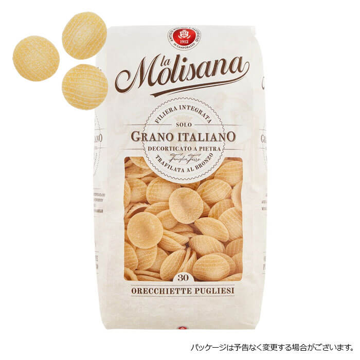 LA MOLISANA Orecchiette Pugliesi Rigate Trafilate Al Bronzo No.30「小さな耳」を意味するオレキエッテはプーリア州の代表的なパスタ。素朴な形と食感です。生産地:イタリア内容量:500g茹で時間目安:12～13分 ※パッケージは予告なく変更する場合がございます。 ※本商品は、輸入品のため、外装に多少の汚れや傷等がある場合がございます。 本理由による返品・交換はお受けできかねます。予めご了承ください。