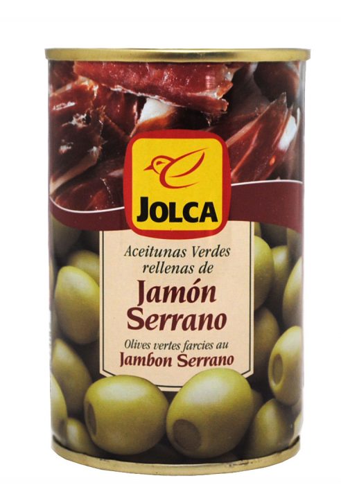 JOLCA Jamon Serranoオリーブの実の種を抜いた部分に生ハムのペーストを詰めています。スナック感覚で楽しめるオリーブです。 生産地:スペイン内容量:300g ※本商品は、輸入品のため、外装に多少の汚れや傷等がある場合がございます。 本理由による返品・交換はお受けできかねます。予めご了承ください。