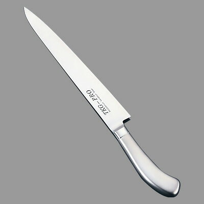 【仕様】サイズ：24cm全長：374mm質量：162g背厚：2.5mmTKG-PRO（プロ）業務用 料理庖丁刀身にモリブデンバナジウム鋼を使用しハイレベルでの技術を駆使した理想の庖丁です。耐蝕性、耐磨耗性、耐熱・耐寒性に優れ、切れ味の持続性など品質を徹底追求して、高度な機能を実現しました。　ハンドルは、握りやすく手にフィットし、使い易さを取り入れた庖丁です。材質：刀身モリブデンバナジウム鋼（ゼロクリア加工） ハンドル18-8ステンレス、フロスティー仕上【フロスティー仕上の特長】 ●光沢のある、独特なサテン仕上ハンドル 一旦、鏡面のようなミラー仕上をしたあと、高圧でガラス粉を吹きつけ、表面に細かい凸凹をつける事により独特な光沢のあるサテン仕上になります。指紋が目立ちにくく、品のある落ち着いたイメージの演出をかもし出してくれます。 ※庖丁の表示サイズは、すべて刃渡り寸法となっております。サイズ違いはこちら27cm30cm