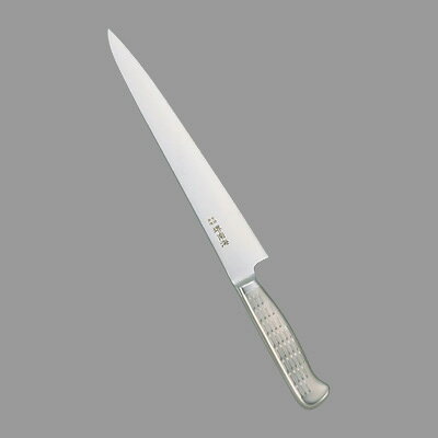 【仕様】サイズ：27cm全長：405mm質量：190g背厚：2.4mm堺 南海（オールステンレス一体型料理庖丁）特長と品質 ●刀身（モリブデンバナジウム鋼）と柄の部分（18-8,ステンレス）を一体化した事により、洗いやすくハンドルが腐ったり抜ける心配がなく衛生的です。 ●刀身が柄の最後部まで差し込んであり折れ等の心配がありません。 ※包丁の表示サイズは、すべて刃渡り寸法となっております。サイズ違いはこちら24cm
