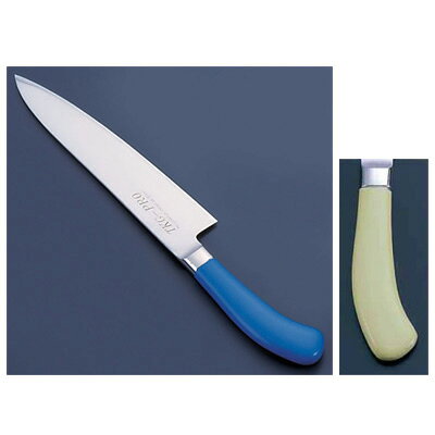 【仕様】サイズ：24cm全長：374mm質量：210g背厚：2.5mmハンドルのカラーは6色あり、肉類、魚貝類、野菜、果実、パン類、加工済食品など食品別に利用できるので衛生管理に最適です。 ※庖丁の表示サイズは、すべて刃渡り寸法となっております。 材質：刀身/モリブデンバナジウム鋼 ハンドル/18-8ステンレス（抗菌焼付塗装）　■HACCP対応工場に最適HACCPとは、集団食中毒のような食品による事故を防ぐために考えられた衛生管理法です。それぞれの現場で作成したHACCPプランという科学的なマニュアルに沿って日常の衛生管理を行い、食中毒などを予防します。色違いはこちらホワイトピンクブルーグリーンブラック
