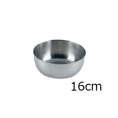 サイズ：　（内径）16cm　（内径）157mm×（深さ）72mm容量：1.2L質量：0.35kg底径：120mm目盛表示：300・　600・　900cc板厚：0.8mm
