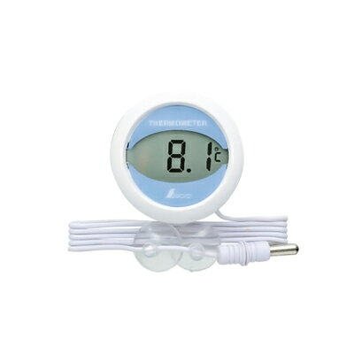 【仕様】 メーカー品番：72980 規格：丸型 直径×高さ：50mm×20mm 電源:ボタン電池（LR1130）×1個付 測定範囲:-30~50℃ 測定精度:±1℃（-10~+30℃）それ以外±2.5℃ コード:約1.2m ●裏面マグネット付。 ●吸盤が2個付いていてコードを固定することができます。