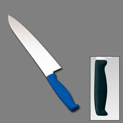 【仕様】 全長：315mm 質量：125g 背厚：2.0mm 材質 刀身：モリブデンバナジウム鋼　ハンドル：エラストマー樹脂（ノバロン銀系無機抗菌剤配合） 耐熱温度：115℃ 特長 ●ハンドルは抗菌加工が施され、衛生管理に最適。 ●現場の声にもとずいた握りやすく、疲れない、滑りにくい、耐久性抜群のハンドル。 ●ハンドルカラーを6色用意。食材別に使用でき衛生管理ができます。 ●熱湯殺菌（100℃ 20分）にも対応。 ●インサート成型により口元からの水、雑菌の浸入を防ぎます。
