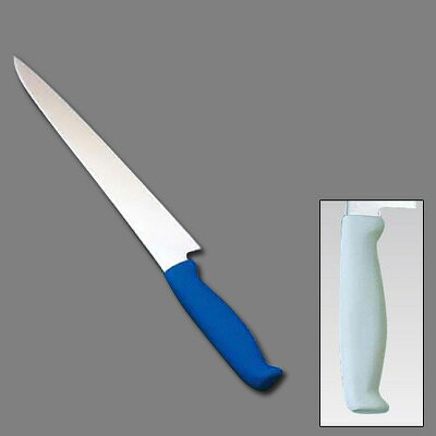 【仕様】 全長：370mm 質量：140g 背厚：2.5mm 材質 刀身：モリブデンバナジウム鋼　ハンドル：エラストマー樹脂（ノバロン銀系無機抗菌剤配合） 耐熱温度：115℃ 特長 ●ハンドルは抗菌加工が施され、衛生管理に最適。 ●現場の声にもとずいた握りやすく、疲れない、滑りにくい、耐久性抜群のハンドル。 ●ハンドルカラーを6色用意。食材別に使用でき衛生管理ができます。 ●熱湯殺菌（100℃ 20分）にも対応。 ●インサート成型により口元からの水、雑菌の浸入を防ぎます。