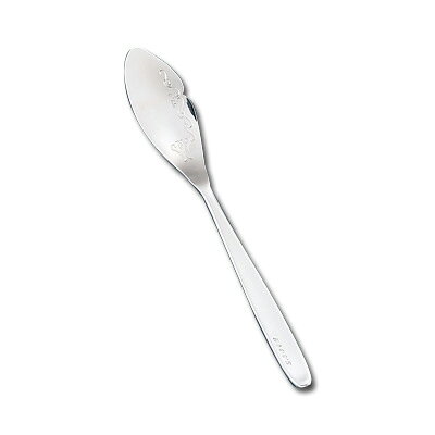 【仕様】 形状名：おさかなスプーン 全長：200mm ●食材別に使いやすく食べやすいデザインになっています。 ●用途がすぐ分かるように、ハンドルに食材の名前を打刻してあります。