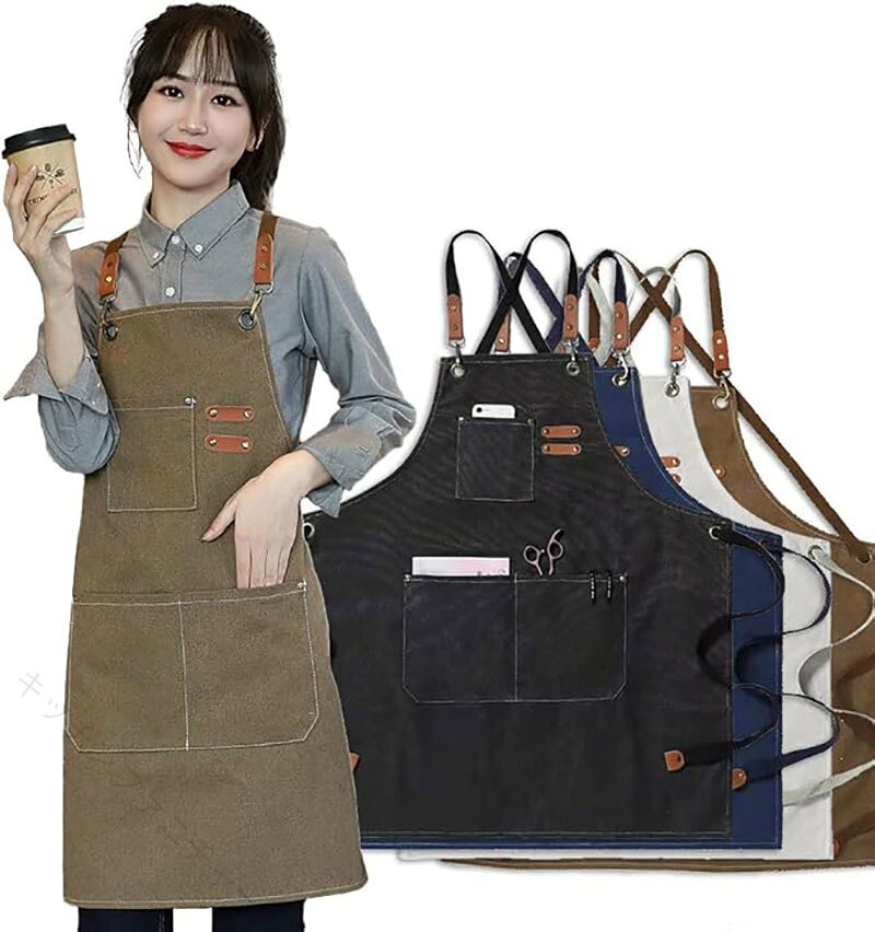 メイン素材: 綿【便利に使える高い収納力】前面にポケットが3個ついているため、シーンに合わせて必要な様々なものを多く収納可能。スマホやペン、ハサミなどをすぐに取り出せる構造となっており、あらゆる作業に適したエプロンとなっております。【キャンバス素材】耐久性強いキャンバス素材をバックストラップで作られて、しかりした縫製により丈夫で、長持ちできます。通気性が良いので、快適に家事や作業できます。【非常に用途が広い】 - エプロンは、グリル、キッチンでの調理、ワークショップでのクラフトに使用するように設計されています. 3 つの大きなポケット、携帯電話ホルダー、ペンスロットを使用すると、必要なツールをすべて保管できます。【商品仕様】●フリーサイズ（男女兼用）●生地：綿100％（厚手キャンバス素材）●サイズ：着丈役77cm/幅約60cm●ヒモは取り外し可能。●染料及び顔料の性質上、水や汗や摩擦などにより多少色落ちしたり移染することがあります。 最初にに洗濯する際は、必ず単独での洗濯をお願いいたします。