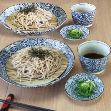 そば用食器 藍染タコ唐草二人前 ざ