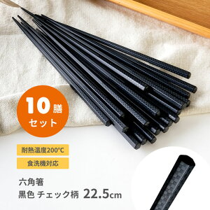 10膳入 六角箸 22.5cm 黒色 チェック柄 メール便送料無料 業務用食器