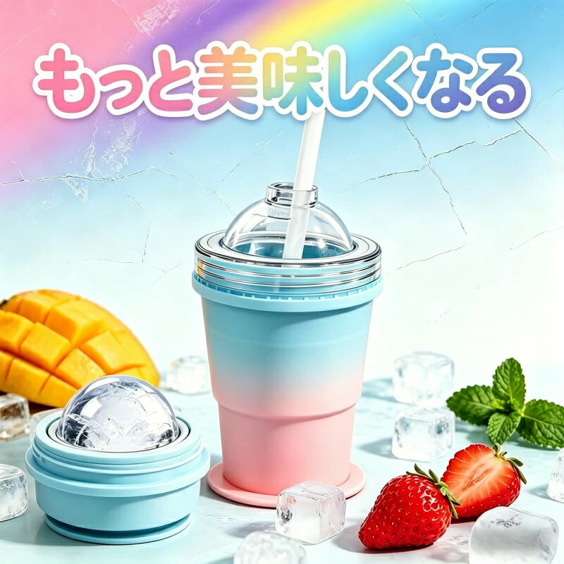【2-in-1&携帯便利 】 折りたたみ式 アイスボールカップ コンパクト 製氷カップ 吸管付き 食品グレードシリコン製 氷作り器 飲み物カップ アウトドア 簡単 製氷 簡単脱模 大口径 製冰 & 飲料 2 モード ジュースカップ ソーサー付き 洗いやすい キッチンツール