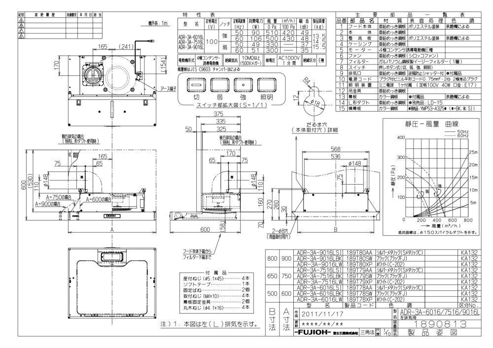 レンジフード　富士工業製（富士工業）ADR-3A-7516R/LSI　シルバーメタリック　間口75cm　高さ60cm　スタンダード　壁面取付けタイプ　BL3型相当風量　上幕板付き kitchentorituketai-10008577 キッチン取付け隊(楽天市場店) サンプル画像3