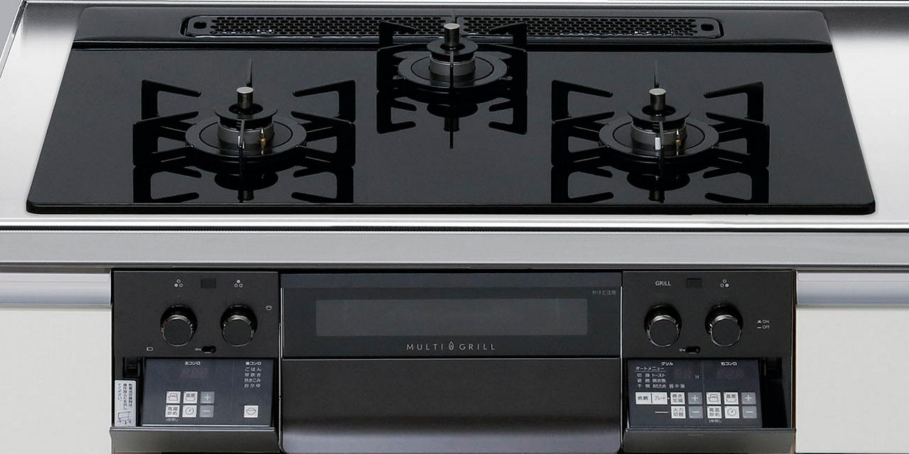 Rakuten - ガスコンロ　ハーマン製（LIXIL）　H3735K1W1K　間口75cm　3口コンロ　ガラストップ　無水両面焼き　ブラック