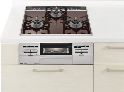 ガスコンロ リンナイ製（Panasonic）JUGSW28P1C　クリアカラートップ　3口コンロ　両面焼きワイドグリル　幅60cm　ショコラ