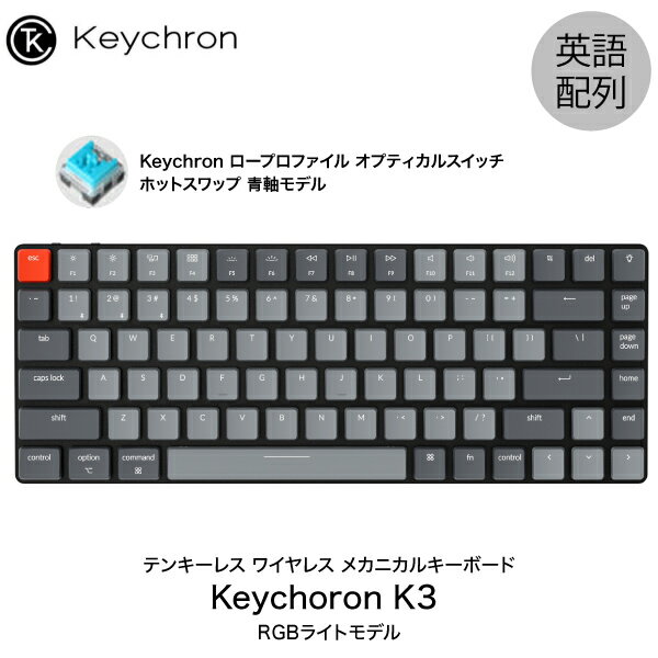 Keychron K3 V2 Mac英語配列 有線 / Bluetooth 5.1 ワイヤレス 両対応 テンキーレス ロープロファイル オプティカル ホットスワップ Keychron 青軸 84キー RGBライト メカニカルキーボード # K3-84-Optical-RGB-Blue-US キークロン