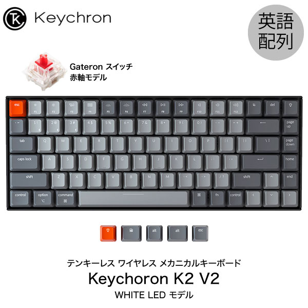 【あす楽】 Keychron K2 V2 Mac英語配列 有線 / Bluetooth 5.1 ワイヤレス 両対応 テンキーレス Gateron 赤軸 84キー WHITE LEDライト メカニカルキーボード K2/V2-84-WHT-Red-US キークロン (Bluetoothキーボード) 人気10