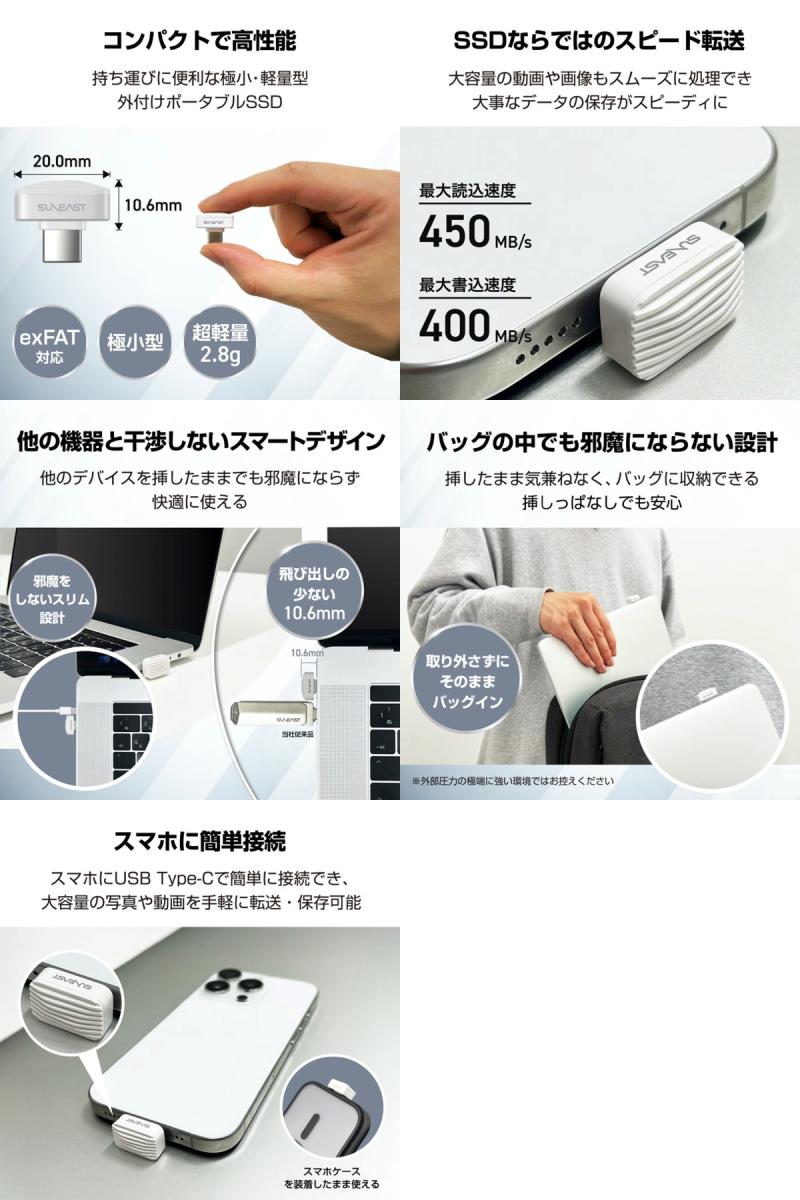 外付けSSD 小型 直挿し 極小 軽量 ポータブル USBストレージ Type-C 高速 スマホ PC SUNEAST Nano 外付け ポータブル SSD サンイースト (外付けSSD) 128GB / 256GB / 512GB iPhone Macbook 対応 - Image 3