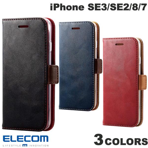 ELECOM iPhone SE 3세대 / SE 2세대 / 8 / 7 가죽 케이스 수첩형 내충격 자석 부착 스티치 클리어 케이스(스마트폰 케이스·커버)