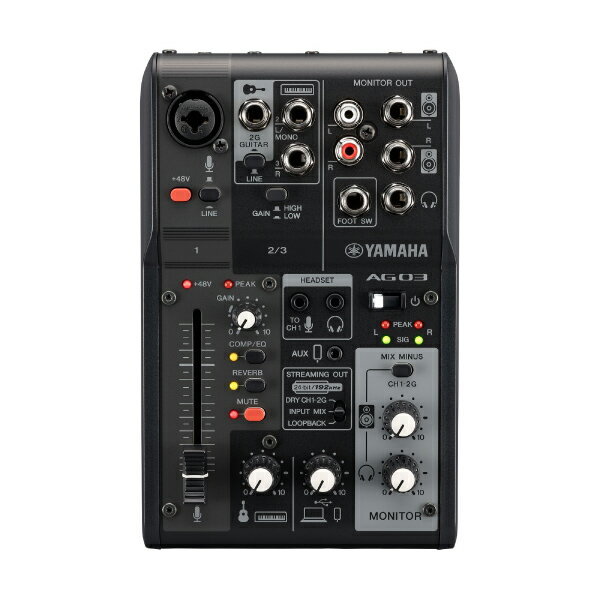 取り寄せ・欠品中の入荷目安次回入荷予定 : 未定AG03MK2 Live Streaming Mixer3チャンネルライブストリーミングミキサー・60 mmフェーダー(CH1)・+48 V ファンタムパワー (CH1)・エレキギター用Hi-Z入力 (CH2)・高解像度 (24-bit 192kHz)の 2トラック録音再生・新たな配信スタイルをカバーする4極ミニ入出力端子 (TRRS)・柔軟な LOOPBACK 機能・ミュートボタン・豊富なエフェクト(アンプシミュレーターとワンタッチREVERB、COMP/EQ)・AG Controller(Windows/Mac/iOS対応)・Windows/Mac USB-C接続対応・iOS : 外部電源供給のため Apple カメラアダプターの使用を推奨・Android: 4極ミニ入出力端子(TRRS)接続により対応・USB-C 電源入力 (5V DC、900mA)・スタイリッシュなデザイン(ホワイト/ブラック2色のバリエーション)・堅牢なメタルシャーシ・Cubase Al、WaveLab Cast、Cubasis LE, Rec'n'Share利用可能■ 直感的で即応性の高い音声コントロールYamaha AG03: Fast intuitive control of essential streaming functionsミキサー型製品であるAG03MK2には、多くの物理操作子が集まっており、配信中のとっさの判断によるマイク入力音のミュートを始め、直感手且つストレスフリーな音声操作を可能とします。フットスイッチ(FC5: 別売)を接続することで、リバーブや音声ミュートのオン/オフを足元で操作することも可能になります。■ 配信スタイルを拡張する豊富な入力系統とLoopback機能AG03MK2には、好みのコンデンサーマイクを接続可能なマイク入力に加え、ギター(HI-Z)／ライン楽器を接続可能な入力端子、さらにはスマートフォン用にアップグレードされた4極ミニ入出力(TRRS)端子が搭載されています。もちろん従来機と同様にLoopback(ループバック)モードでUSBで接続された機器からの音声を配信音に加えることも可能です。■ パワーアップした内部回路による音質向上USB-C採用とともに改善された内部回路によりAG03MK2は従来モデルに比べ音質も向上し、さらにプロフェッショナルなレベルでの配信を可能にします。また、USB-Cの信号転送と電力供給の性能は安定した動作をご提供します。■ スマートに音をブラッシュアップする遅延のないDSPエフェクトAG03MK2には、音量を整えるコンプレッサー(COMP)、音域ごとにバランスを調整するEQ、響きを付与するREVERB、さらにはギターアンプを再現するアンプシミュレーター(AMP SIM)までもが搭載されています。これらによりあなたの音の最も魅力的な箇所を強調したり、つないだエレキギターを生々しくドライブしたサウンドに変えたりと最高な状態であなたのオーディエンスに届けることができます。 これらすべてはAG内部搭載のDSPチップ処理され遅延とは無縁です。ライブ配信のようなリアルタイム性が求められるシーンでは特に強力な味方になるでしょう。もちろん、収録した音をミックスエンジニアに渡し後編集処理を施すといった場合には、これらのエフェクトを一旦オフにして録音に臨むことも可能です。■ 初心者にもこだわり派のあなたにも理想的な音声コントロール体験を提供する「AG Controller」新たに設計し直されたAG Controllerでは、「Simple」と「Detail」の2つのモードを用意しました。AG03MK2とUSBでつながったWindows/Mac、またはiOSデバイスからAG内部のDSP音声処理を簡単に、または細かく確認・設定することができます。■ 場所を選ばないあなたのためのミニマルな配信ステーションAGのスリムで洗練されたボディは置き場を選びません。別売りのマイクスタンドアダプターBMS-10Aと組み合わせることでマイクスタンドにも設置することも可能です。さらにモバイルバッテリーと組み合わせて使えば場所を問わずあなたのためのミニマルな配信ステーションを構築することが可能です。※AG03MK2の安定した動作のためには、DC 5V 900 mA以上の安定した電源供給が必要です。■ 強力なバンドルソフトウェアYamaha AG03: Powerful production software includedAG03MK2には、音楽制作のためのCubase AIや配信音声制作・編集に最適なWaveLab Castといったソフトウェアがバンドルされています。その他にもiOSデバイス用アプリとしてRec'n'Share (Yamaha)、Cubasis LE (Steinberg) にも対応し、あなたの音声コンテンツ制作を強力にサポートします。[仕様情報]AG03MK2仕様入力チャンネルモノラル(MIC/LINE) : 1 - コンボ (Mic, +48 V ファンタム電源 / Line), 3.5 mm ステレオミニ (ヘッドセットマイク, プラグインパワー) *CH1 入力とヘッドセットマイクは同時に使用不可Smartphone : 1 - 4極ミニ入出力 (TRRS)USB : 1入力チャンネルステレオ(LINE) : 1 - ステレオ (LINE) / モノラル (Guitar)出力チャンネル : PHONES : 1 - 6.3 mm ステレオ ヘッドホン, 3.5 mm ステレオミニ ヘッドセット *同時に使用不可Smartphone : 1 - 4極ミニ入出力 (TRRS)MONITOR OUT : 2 - L/R ステレオ: Phone, RCAバス : 1 ステレオ機能 : MUTEボタン x 1, PADボタン x 2, HI-Zボタン x 1, STREAMING OUT (DRY CH 1-2G / INPUT MIX / LOOPBACK), MIX MINUS (ON / OFF)シグナルプロセッサーDSP : COMP/EQ, REVERB, AMP SIM *詳細はAG Controllerで設定USBUSB オーディオ : 2 IN / 2 OUT, USB Audio Class 2.0 Compliant, サンプリング周波数: 最大 192 kHz, 量子化ビット数: 24-bit, Type-CUSB DC 電源入力 : 1 - Type-C, 5 V DC, 900 mA電源電圧 : 5 V DC, 900 mA消費電力 : 最大 4.5 W寸法幅 : 126 mm高さ : 63 mm奥行き : 201 mm質量 : 0.8 kg同梱品USB2.0 ケーブル (1.5 m), クイックガイド, セーフティガイド, Wavelab Cast Download Information, Cubase AI Download Informationその他動作環境温度: 0 to + 40 ℃[保証期間]1年間[メーカー]ヤマハ YAMAHA型番JANAG03MK2 B4957812677332[性能] 3ch[用途] ライブ配信[端子] 6.3mm(1/4インチ)[端子] XLR[色] ブラック[規格] USB Type-C[規格] mini-pinYAMAHA AG03MK2 3チャンネル ライブストリーミングミキサー ブラック # AG03MK2 B ヤマハ