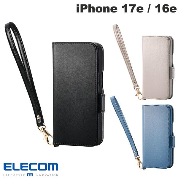 ELECOM iPhone 17e / 16e 가죽 케이스 수첩형 내충격 자석 부착 스티치 핸드 스트랩 첨부(스마트폰 케이스·커버)