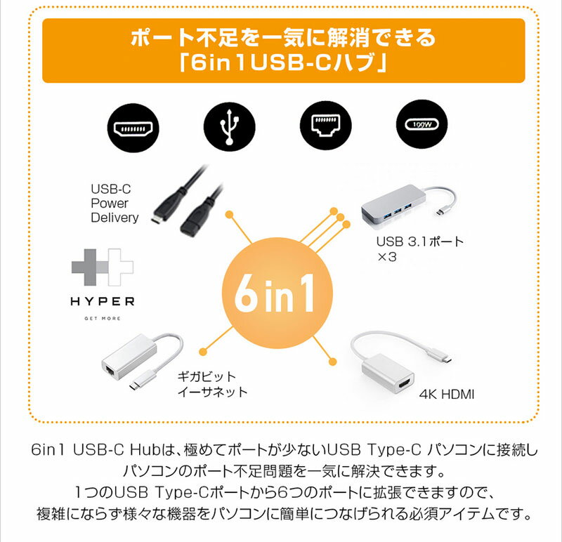 HYPER++ HyperDrive USB Type-C 6 in 1 Hub PD対応 # HP15582 ハイパー (USB Type-C アダプタ)