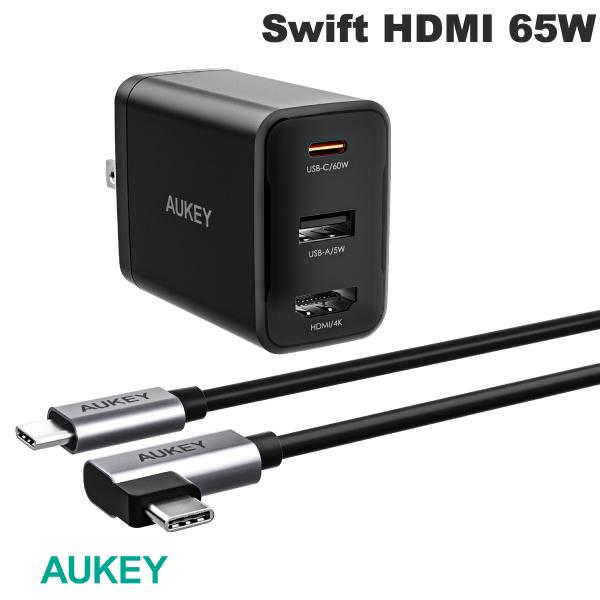 AUKEY USB充電器 Swift HDMI 65W 画像出力対応 USB A / USB Type-C / HDMI 各1ポート PD対応 ブラック # PA-H60-BK オーキー USB-C電源アダプタ Nintendo Switchドック テレビモード機能