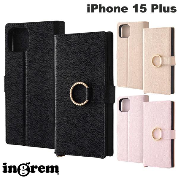 ingrem iPhone 15 Plus 내충격 수첩형 가죽 케이스 KAKU Ring 잉글렘 (스마트폰 케이스·커버) 스마호링 낙하 방지 귀여운 스탠드 스트랩 홀